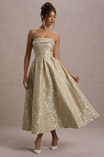 Zuma Gold Metallic Jacquard Strapless Midi Dress